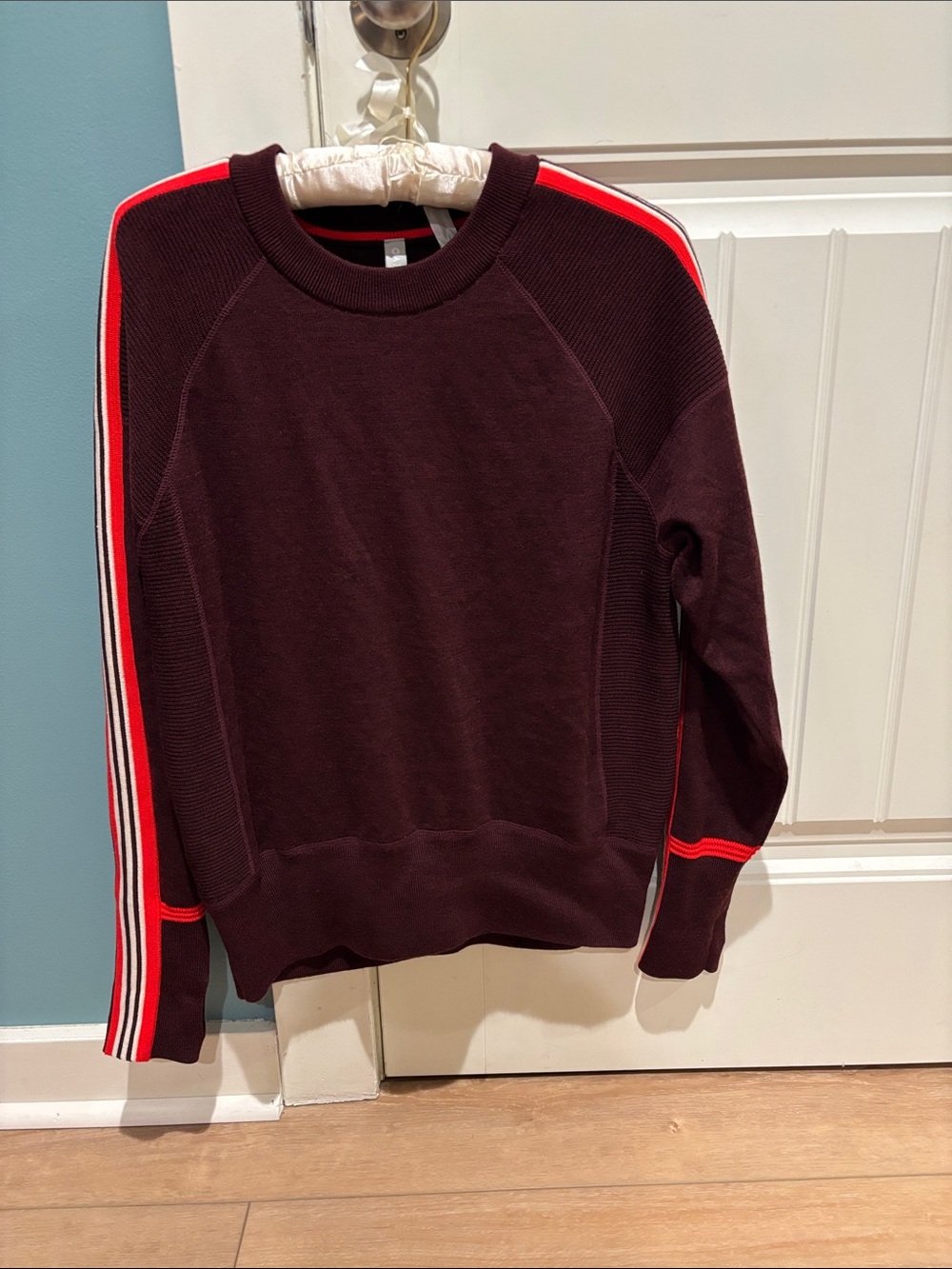 Athleta Crewneck Sweater in Deep Burgundy with Red Stripe Detail